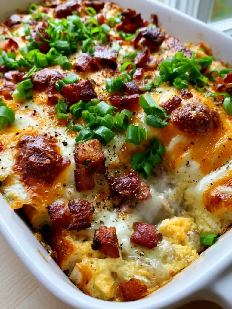 Top view of bubbling melted mozzarella and cheddar with blistered spots on a breakfast bake.