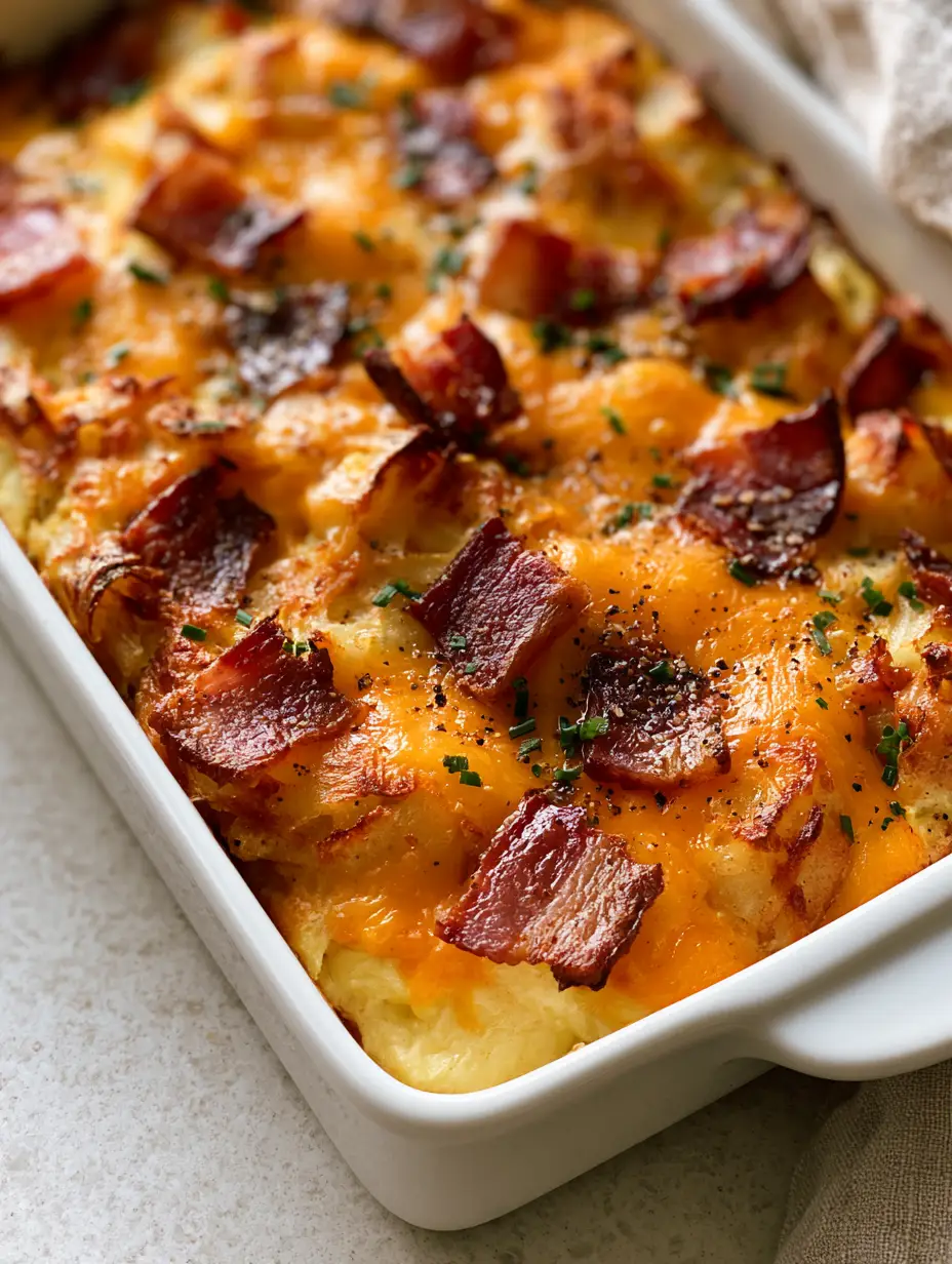 Bacon Egg and Hash Brown Casserole: The Ultimate Crispy Brunch 4 Close-up of toasted orange edges of cheese and golden hash browns in a bacon egg and hash brown casserole.
