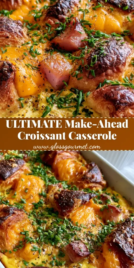 A tall, vertical shot of a Croissant omelet breakfast casserole in a white dish, featuring crispy croissant peaks, melted orange cheddar, and pink honey ham.