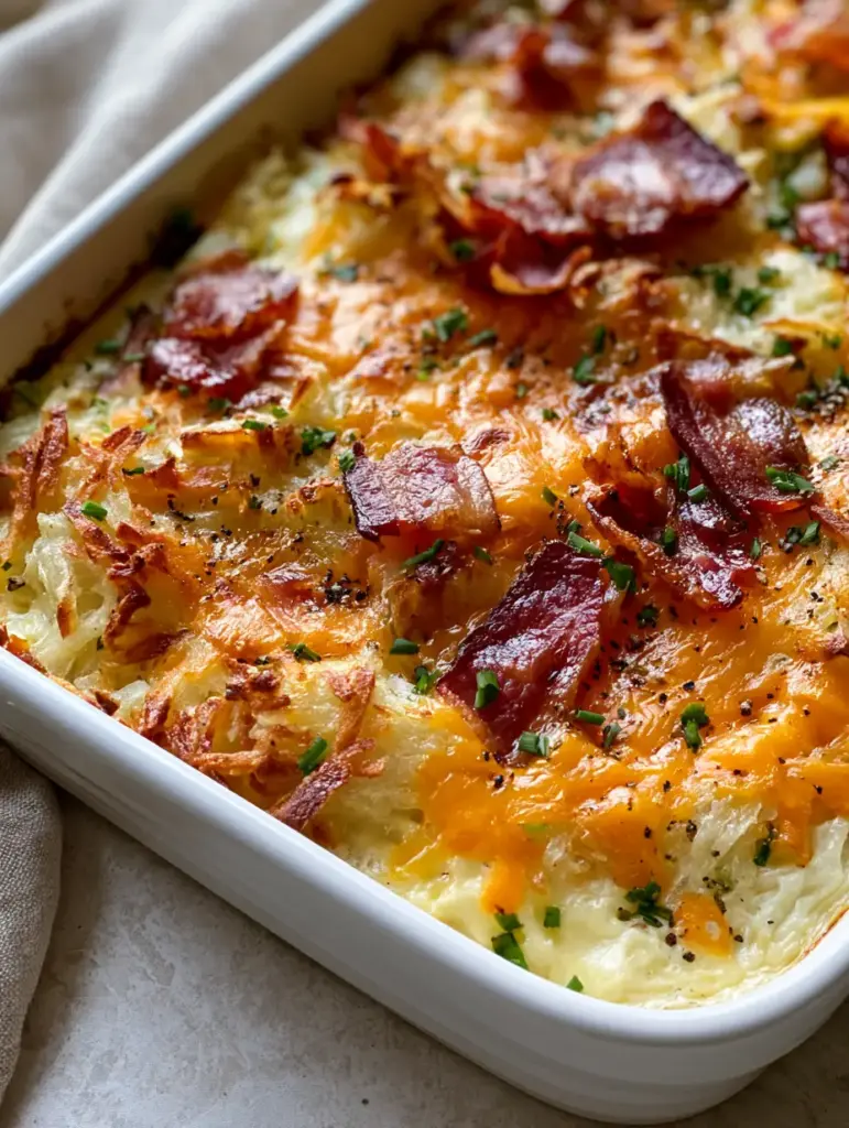 Bacon Egg and Hash Brown Casserole: The Ultimate Crispy Brunch 1 Fluffy yellow eggs visible beneath a layer of golden hash browns and melted cheese in a breakfast bake.