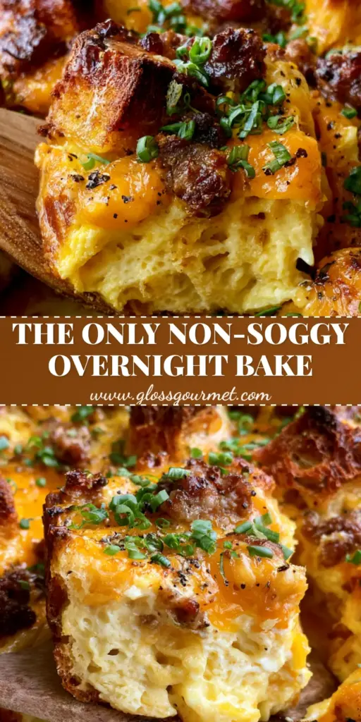 A gourmet make-ahead breakfast casserole in a cream dish featuring toasted sourdough cubes, melted cheddar, and fresh chives.