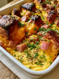 Top-down macro and angled view of a golden brown Croissant omelet breakfast casserole with chives and cracked pepper.