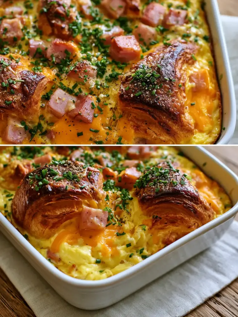 Close up of torn buttery croissant layers and melted sharp cheddar in a Croissant omelet breakfast casserole.