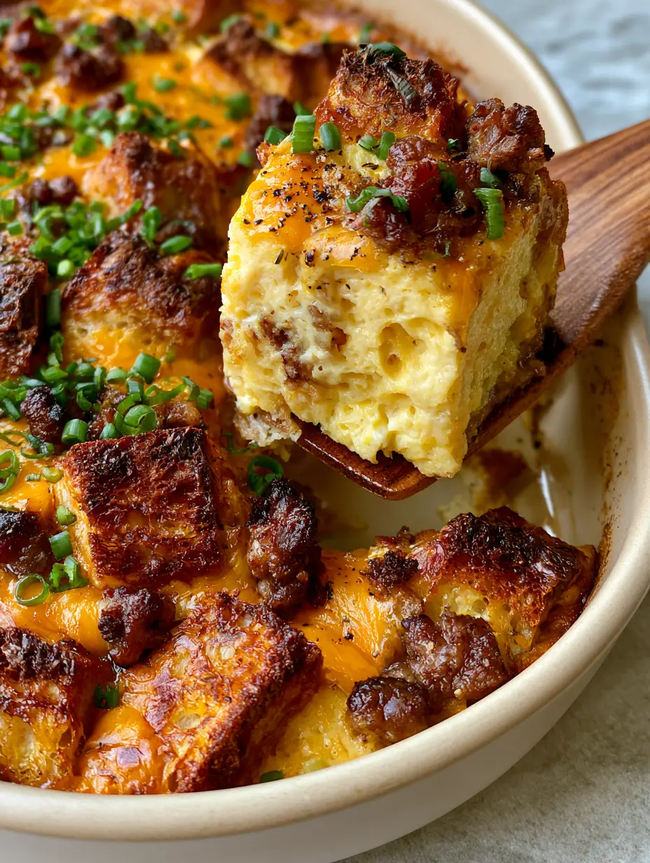 Close up shot of jagged golden brown toasted sourdough cubes on a make-ahead breakfast casserole.