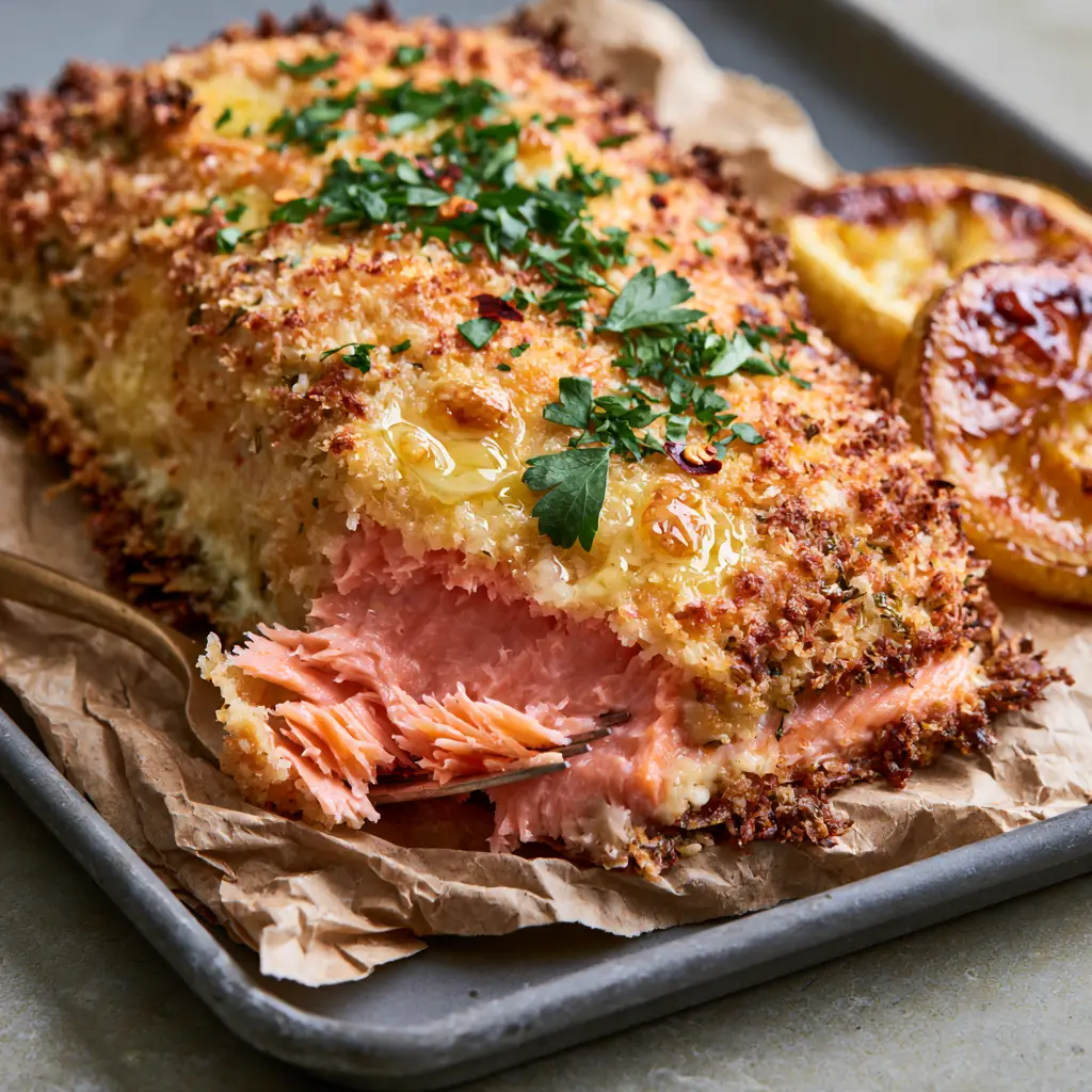 Parmesan Crusted Baked Salmon with Garlic Butter and Panko 2 Macro view of flaky pink salmon interior and a bubbly golden-brown parmesan crust. (Parmesan Crusted Baked Salmon)