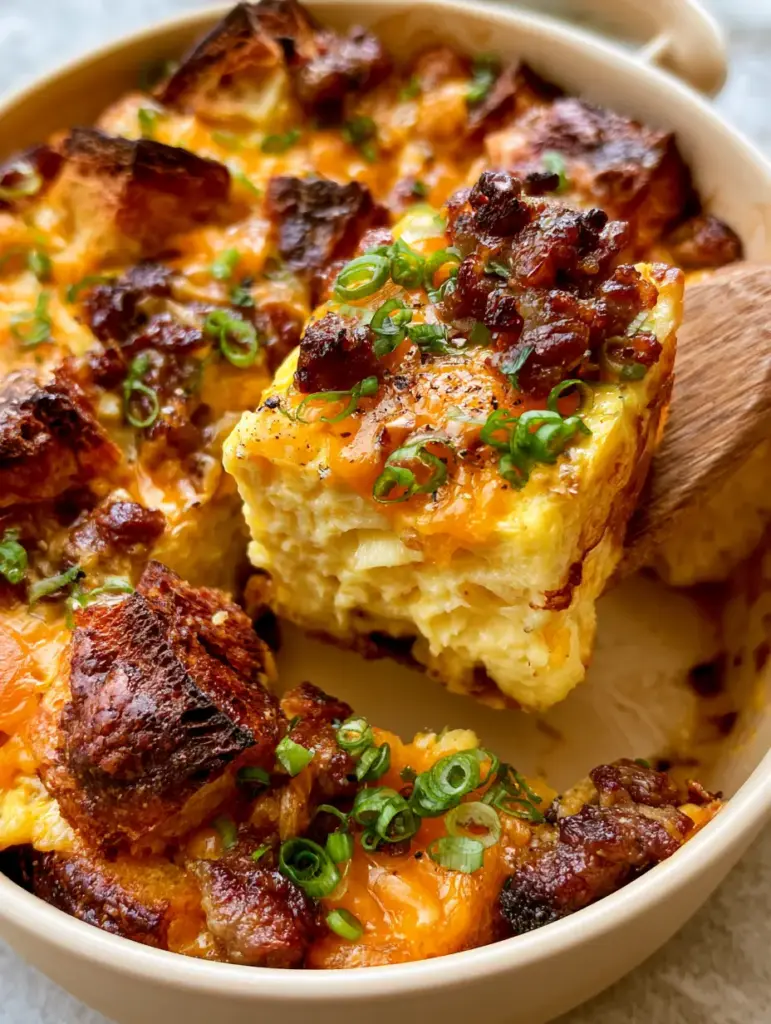 A wooden spatula lifting a slice of make-ahead breakfast casserole showing the fluffy egg center.