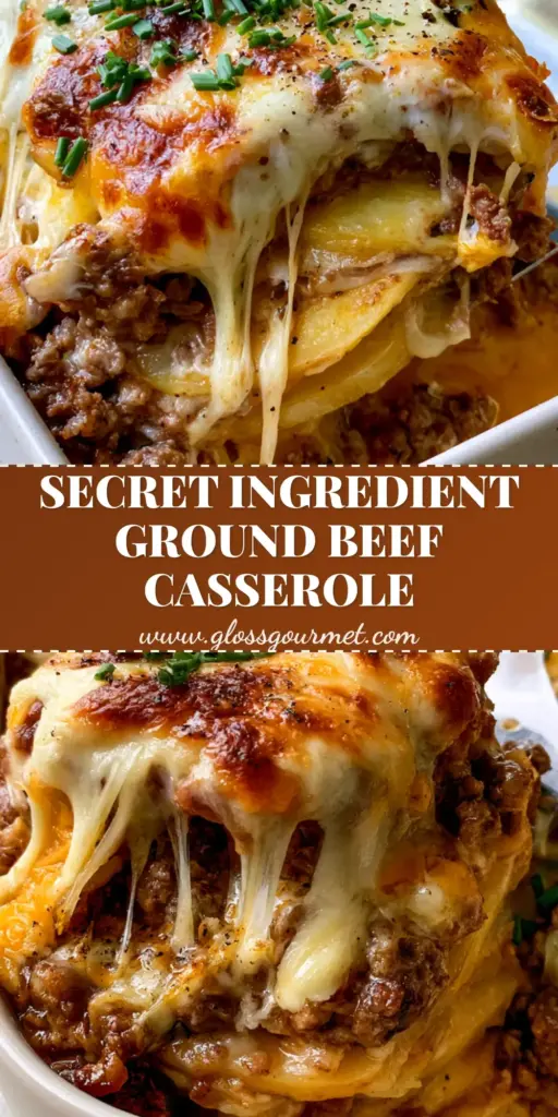 A spatula lifting a cheesy square of beef and potato casserole showing steam wisps and stretchy cheese pulls. (Casserole)