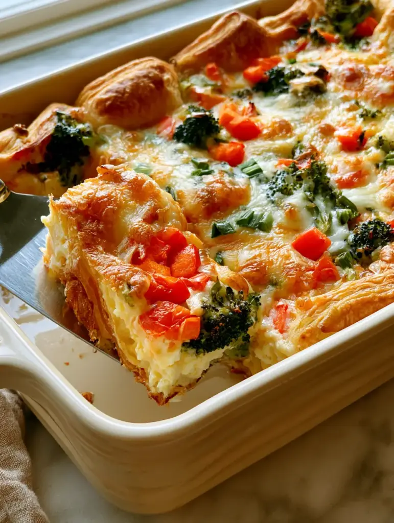 breakfast crescent roll veggie egg casserole with Flaky Crust 2 High-angle smartphone photo of a breakfast crescent roll veggie egg casserole in a cream dish on a marble counter.