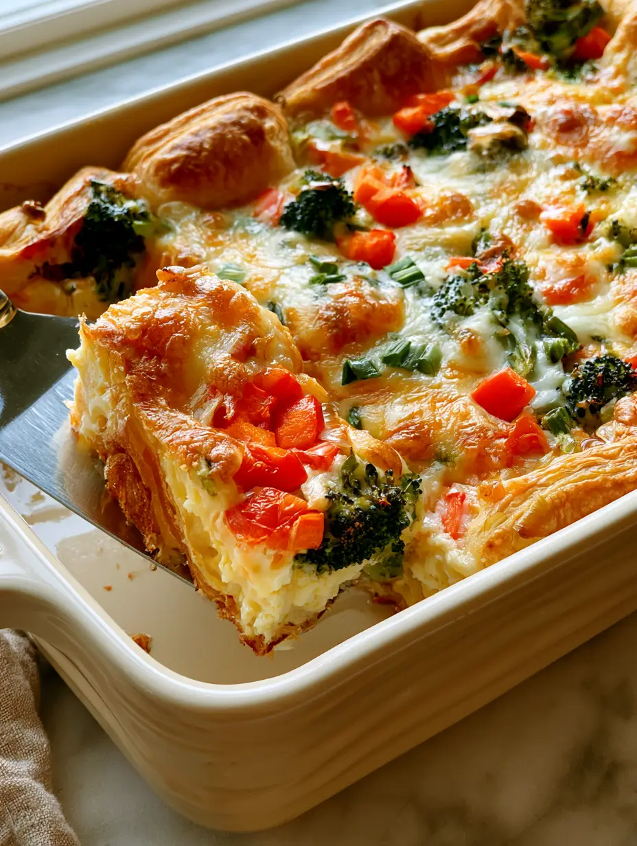 breakfast crescent roll veggie egg casserole with Flaky Crust 3 High-angle smartphone photo of a breakfast crescent roll veggie egg casserole in a cream dish on a marble counter.