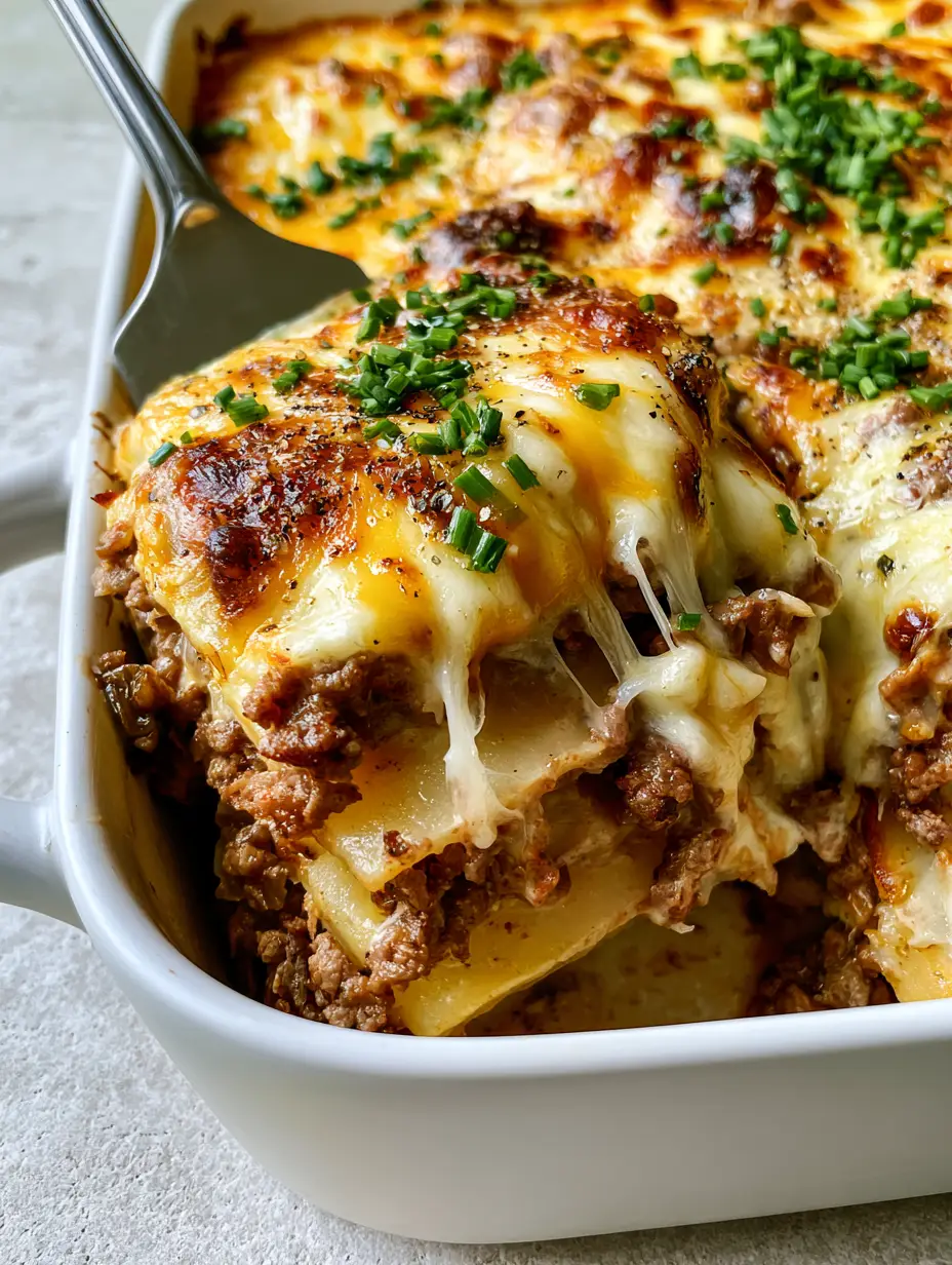 Overhead view of a gourmet casserole in a white dish with toasted mozzarella spots and fresh chives. (Casserole)