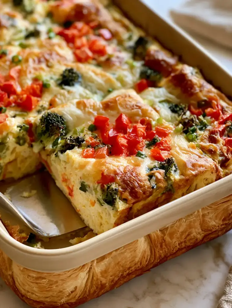 breakfast crescent roll veggie egg casserole with Flaky Crust 1 A silver spatula lifting a slice of breakfast crescent roll veggie egg casserole revealing the fluffy egg interior.