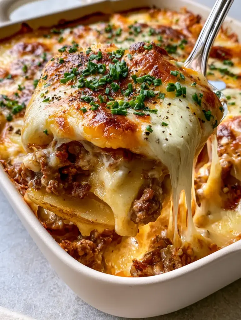 Close-up of steaming layers of seasoned beef crumbles and thinly sliced Yukon potatoes.