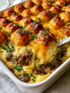 Overhead view of a Tater tot sausage breakfast casserole in a white ceramic dish showing perfectly symmetrical golden tots.