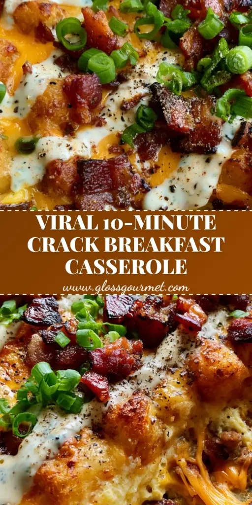 A vertical Pinterest pin showing a close-up of a Crack Breakfast Casserole with a ranch drizzle and crispy tater tots.
