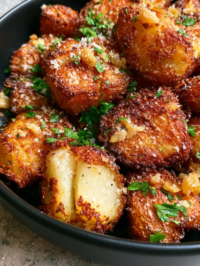 A split-open crispy potato bite revealing a fluffy white interior alongside roasted garlic and parsley.