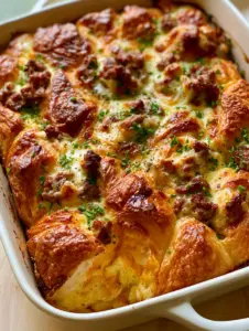 Top down view of a cream cheese breakfast casserole featuring buttery pastry peaks, melted cream cheese dollops, and browned sausage crumbles.