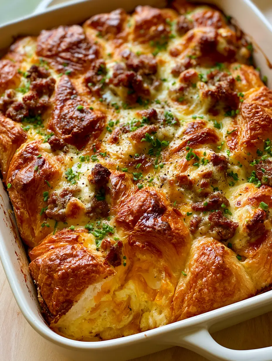Top down view of a cream cheese breakfast casserole featuring buttery pastry peaks, melted cream cheese dollops, and browned sausage crumbles.