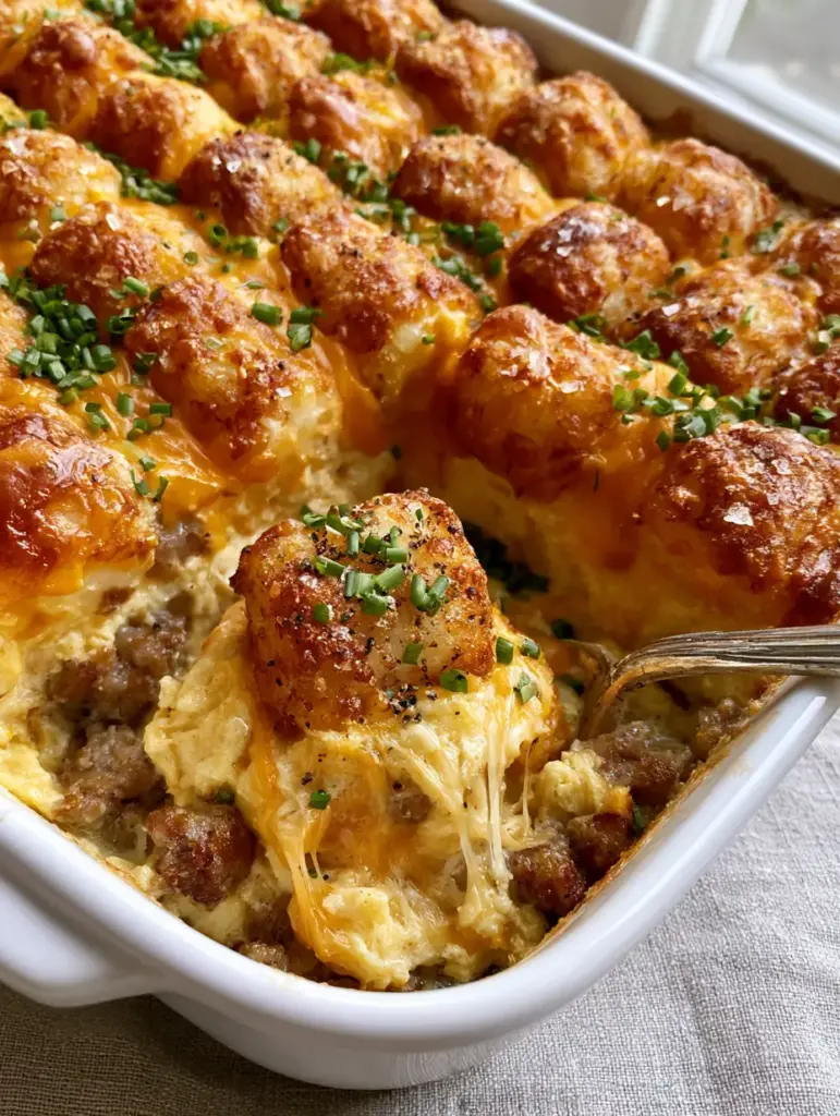Close-up of a slice being lifted from the Tater tot sausage breakfast casserole with visible cheese pull and seared sausage.