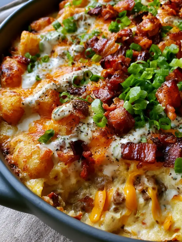 A high-angle photo of a crack breakfast casserole in a charcoal dish featuring bubbling cheese and golden tater tots.