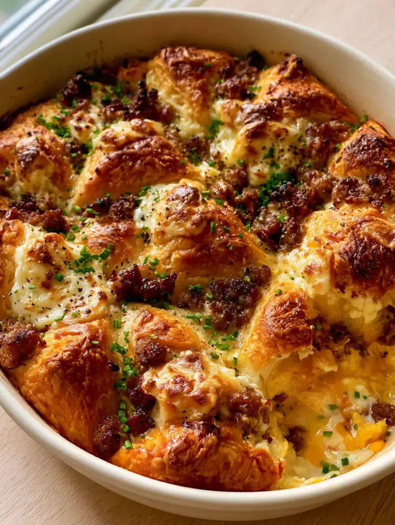 A square of cream cheese breakfast casserole being lifted to show the fluffy egg and melted cheddar layers.