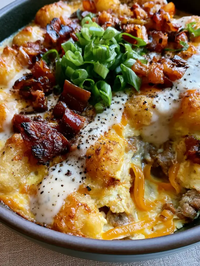 Close up of a scooped corner of crack breakfast casserole showing the steamy egg and sausage interior.