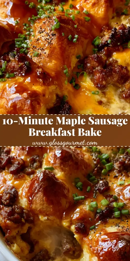 A close-up vertical shot of Maple sausage breakfast casserole showing golden crescent roll peaks and bubbling cheese.