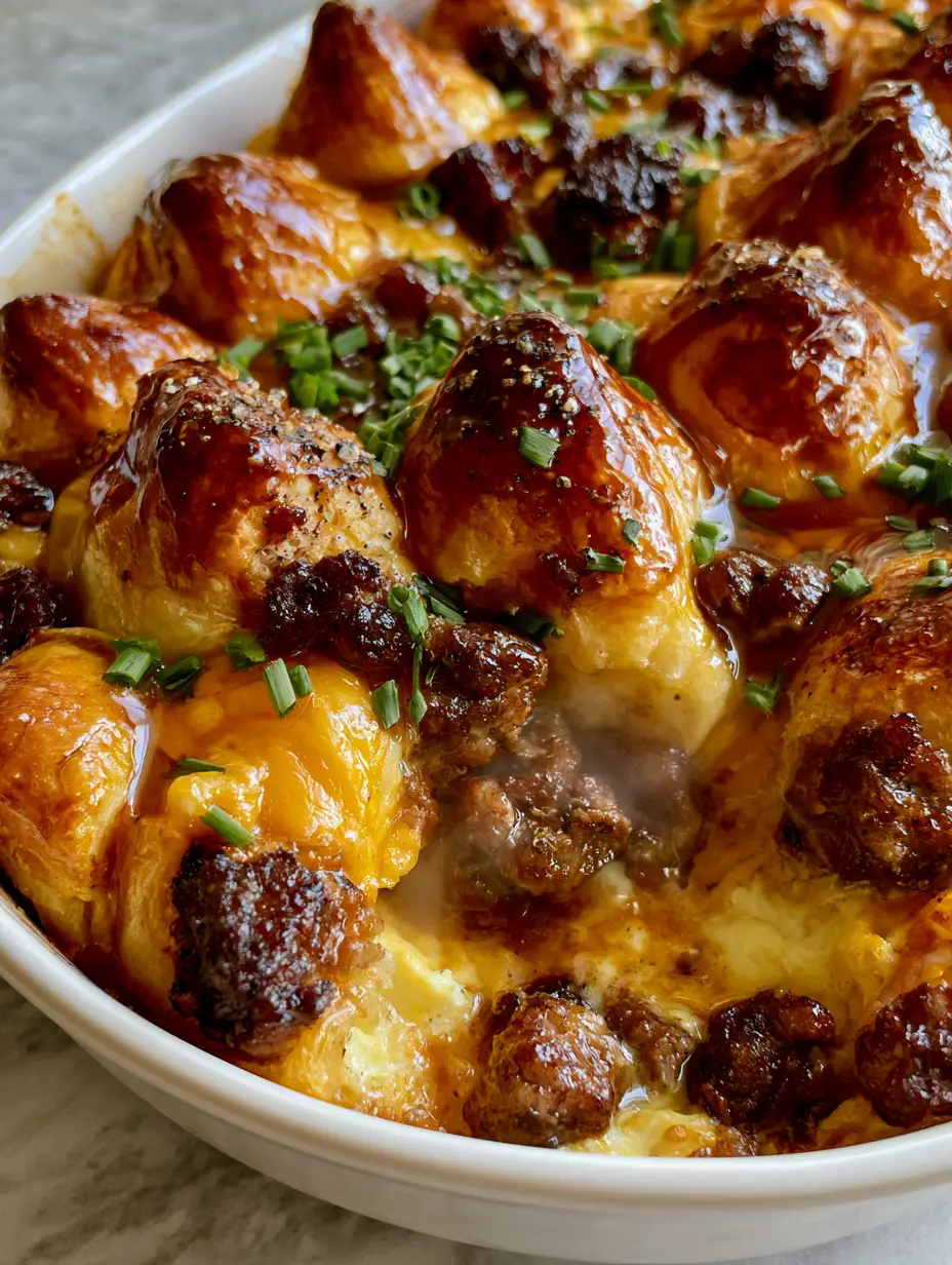 Extreme close-up of Maple sausage breakfast casserole with glistening amber glaze and fresh chives.