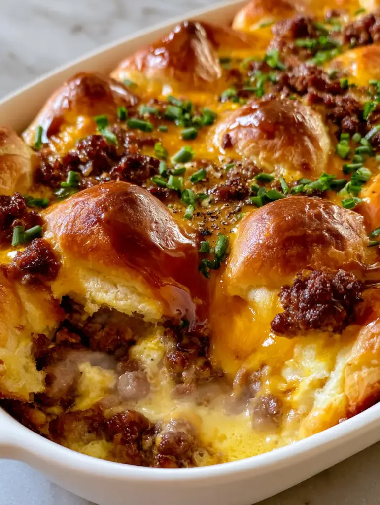 A lifted slice of Maple sausage breakfast casserole revealing the fluffy egg and sausage interior.