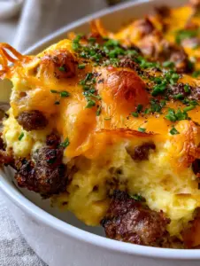 Close-up of golden aerated fluffy baked eggs and charred pork sausage crumbles in an egg and sausage breakfast casserole.