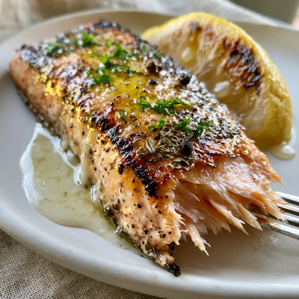 Close-up of a salmon fillet flaked open with a fork revealing a steaming pink interior and creamy sauce drip. (Texas Roadhouse Style Baked Salmon)