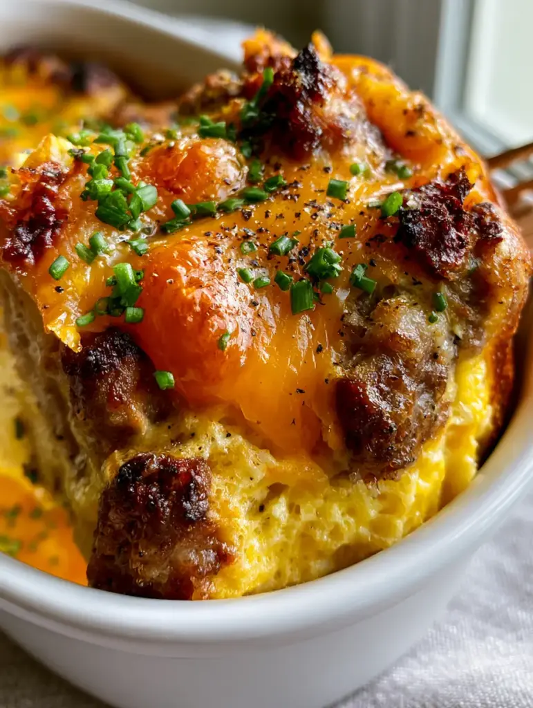 A top-down view showing the molten blanket of sharp cheddar and monterey jack cheese with bright green chives on the casserole.