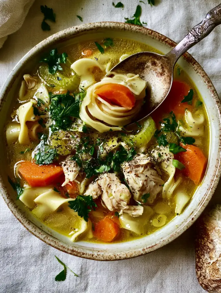 Chicken Noodle Soup with Roasted Hand-Pulled Chicken 1 A silver spoon lifting wavy egg noodles and a carrot slice from a bowl of chicken noodle soup.