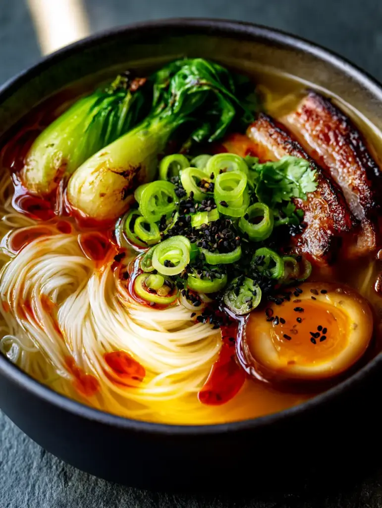 Detailed shot of seared pork belly with caramelized fat and a jammy egg in Chinese Rice Noodle Soup.