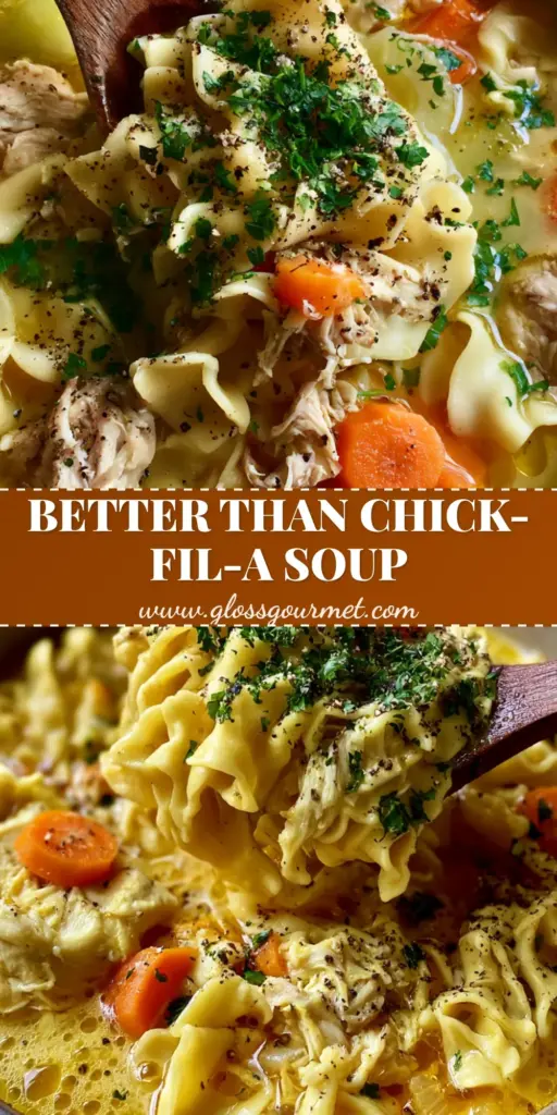 A steaming bowl of Chick-fil-A chicken noodle soup with large chicken chunks and thick wavy egg noodles.