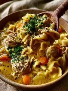 Close-up of golden broth with droplets of fat and hand-shredded chicken in Chick-fil-A chicken noodle soup.