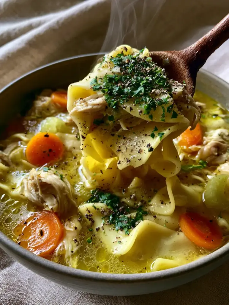 A wooden spoon lifting thick wavy noodles and irregular chicken chunks from a bowl of Chick-fil-A chicken noodle soup.