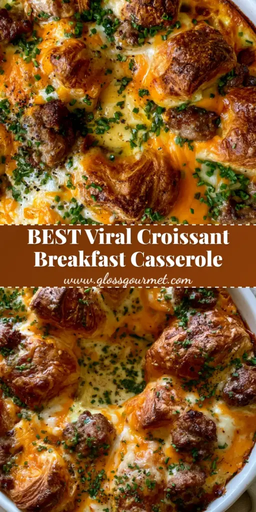 Croissant Breakfast Casserole with Savory Sausage and Sharp Cheddar 4 A close-up vertical shot of Croissant Breakfast Casserole with toasted flaky peaks, melted cheddar, and green chives in a white dish.