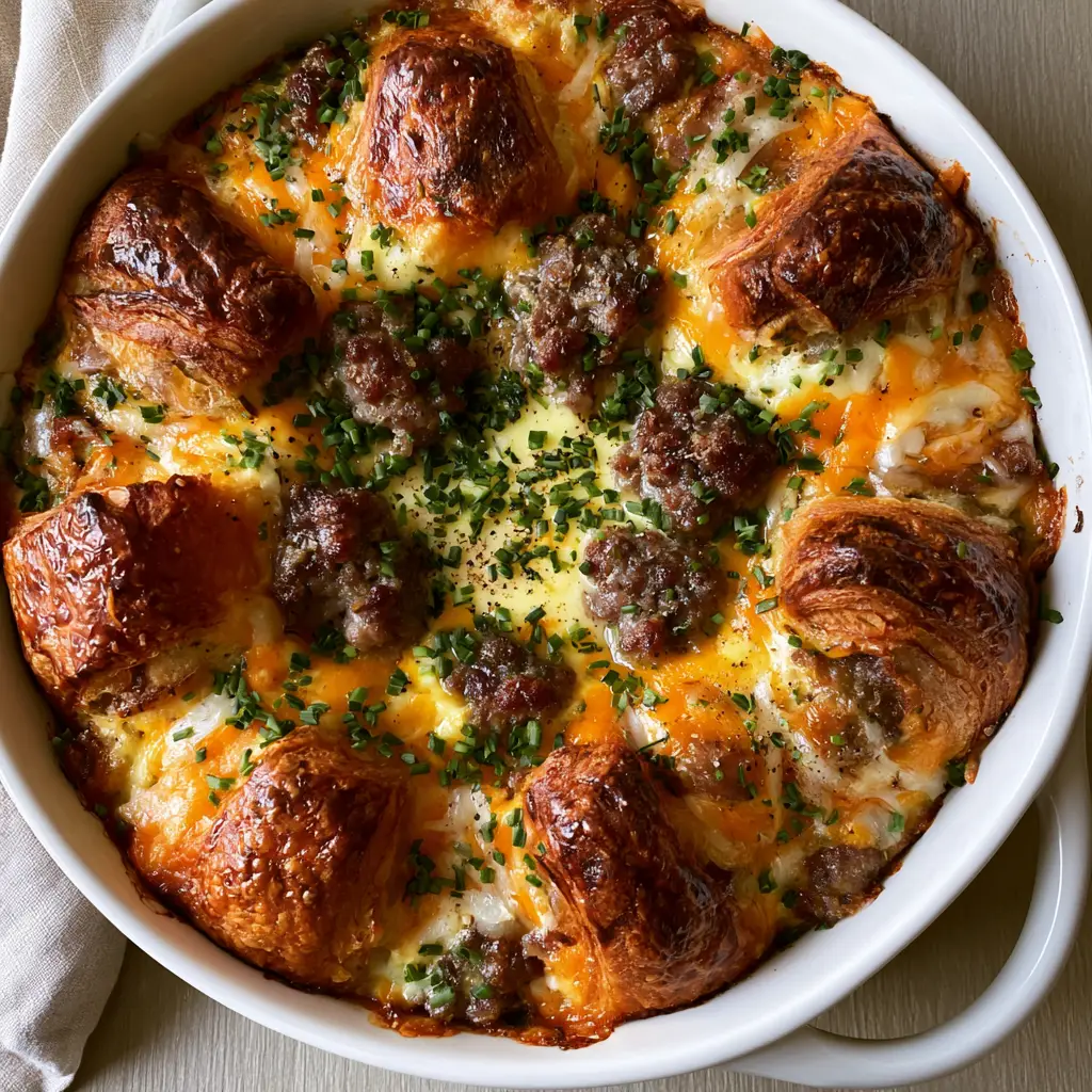 Top-down view of a Croissant Breakfast Casserole showing bubbling cheese, browned sausage crumbles, and vibrant green chives.