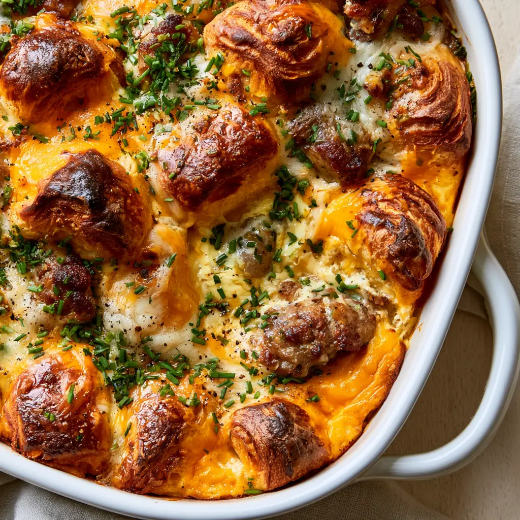 Croissant Breakfast Casserole with Savory Sausage and Sharp Cheddar 1 Handheld smartphone photo of a finished Croissant Breakfast Casserole with melted Monterey Jack cheese and cracked black pepper.