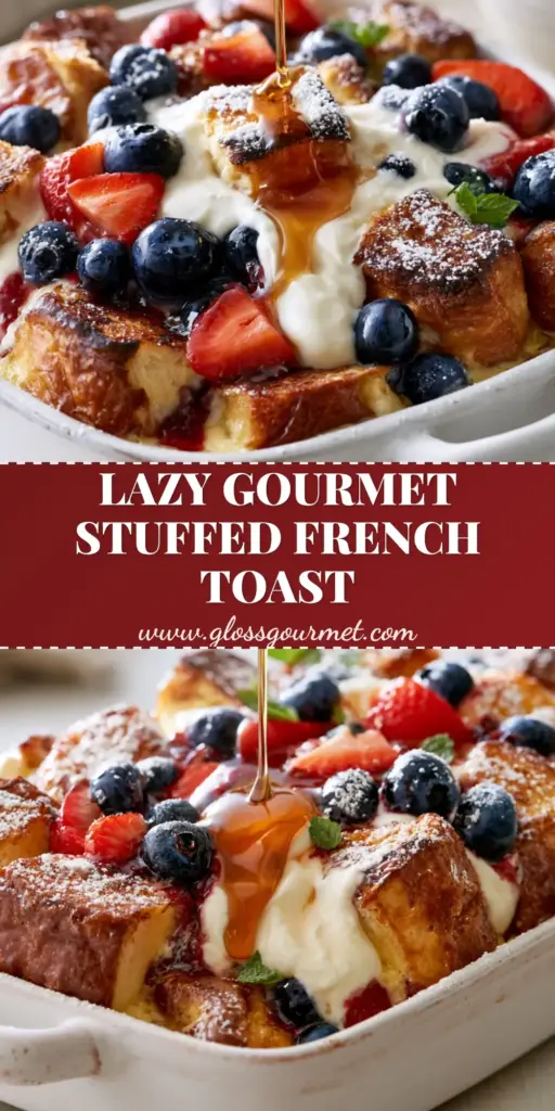 A close-up vertical shot of Berries and cream stuffed French toast casserole with a maple syrup drizzle and powdered sugar. (Berries and cream stuffed French toast casserole)