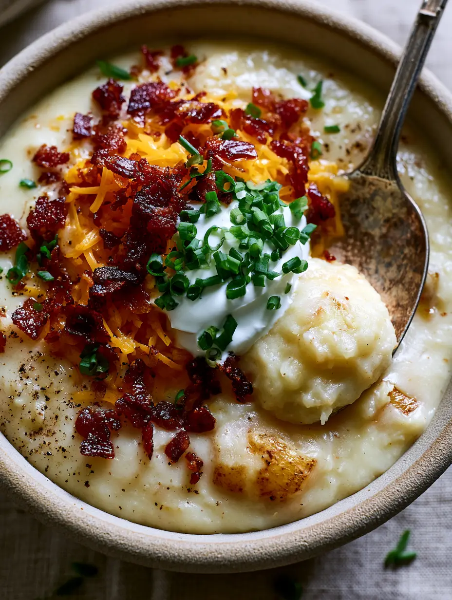 Overhead close-up of a rustic bowl of Loaded Potato Soup with a vintage silver spoon and visible potato chunks.