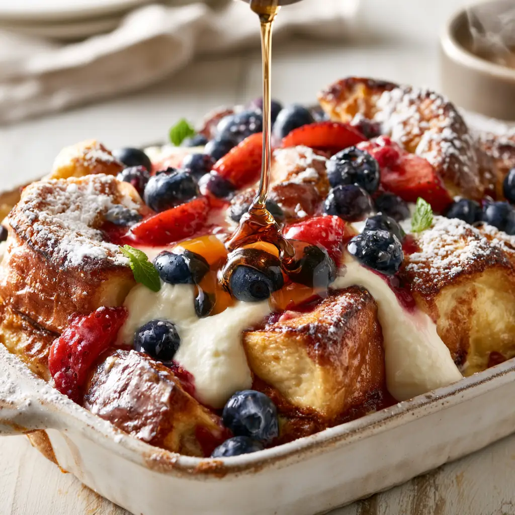 Close-up of golden brioche cubes and burst berries in a white dish. (Berries and cream stuffed French toast casserole)