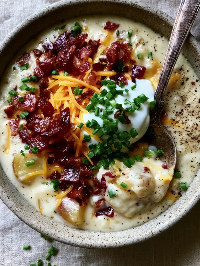 Close-up of Loaded Potato Soup toppings including melting sharp cheddar cheese and brilliant white sour cream.