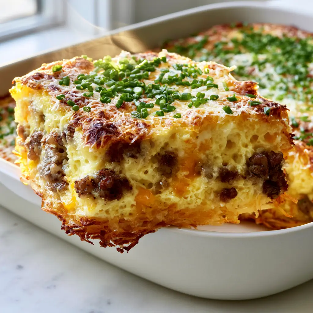 Close-up of a breakfast egg casserole slice showing aerated egg layers, sausage crumbles, and a toasted parmesan crust.