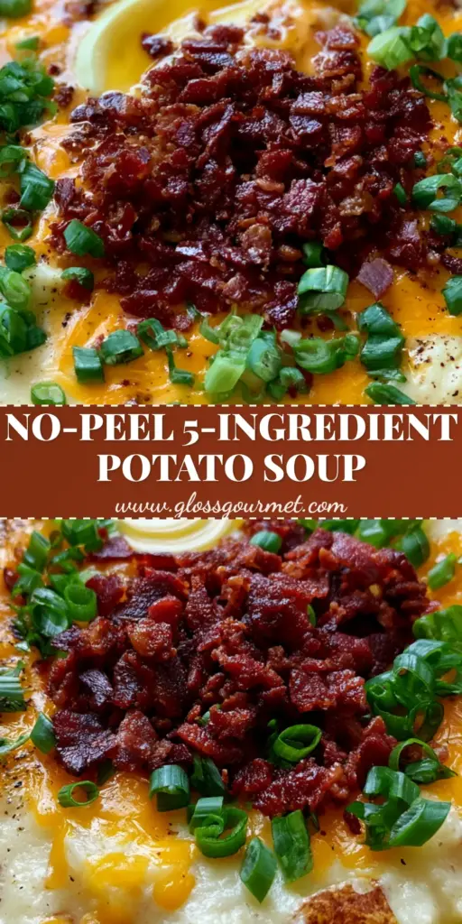 A close-up vertical shot of thick Crockpot potato soup in a rustic bowl, topped with melted cheddar, bacon, and green onions.
