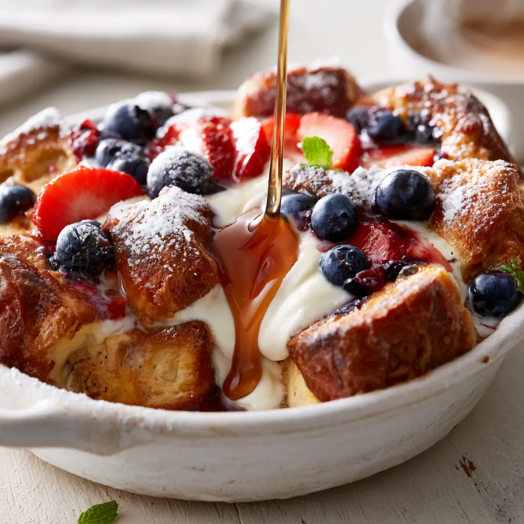 Oozing cream cheese filling visible inside a slice of French toast casserole.