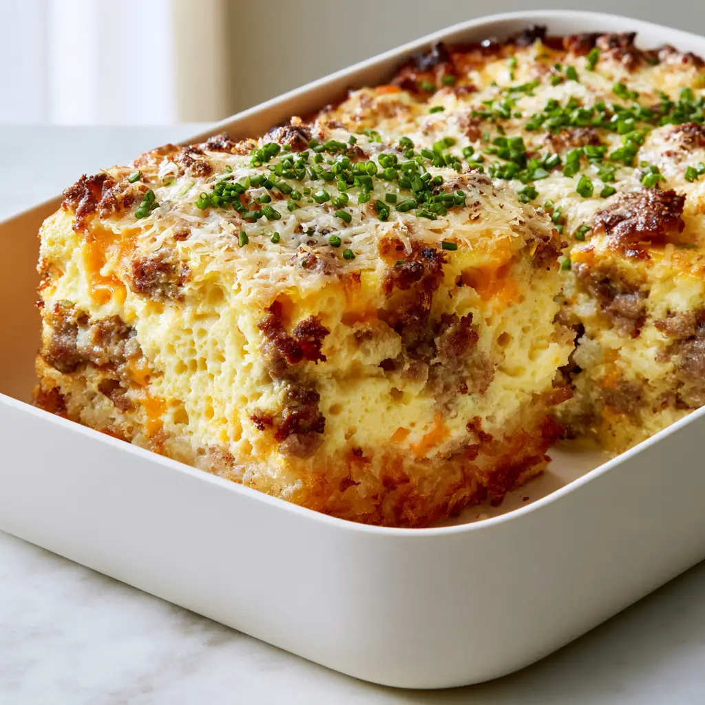Overhead view of a breakfast egg casserole with bright green chives and a golden parmesan cheese topping.