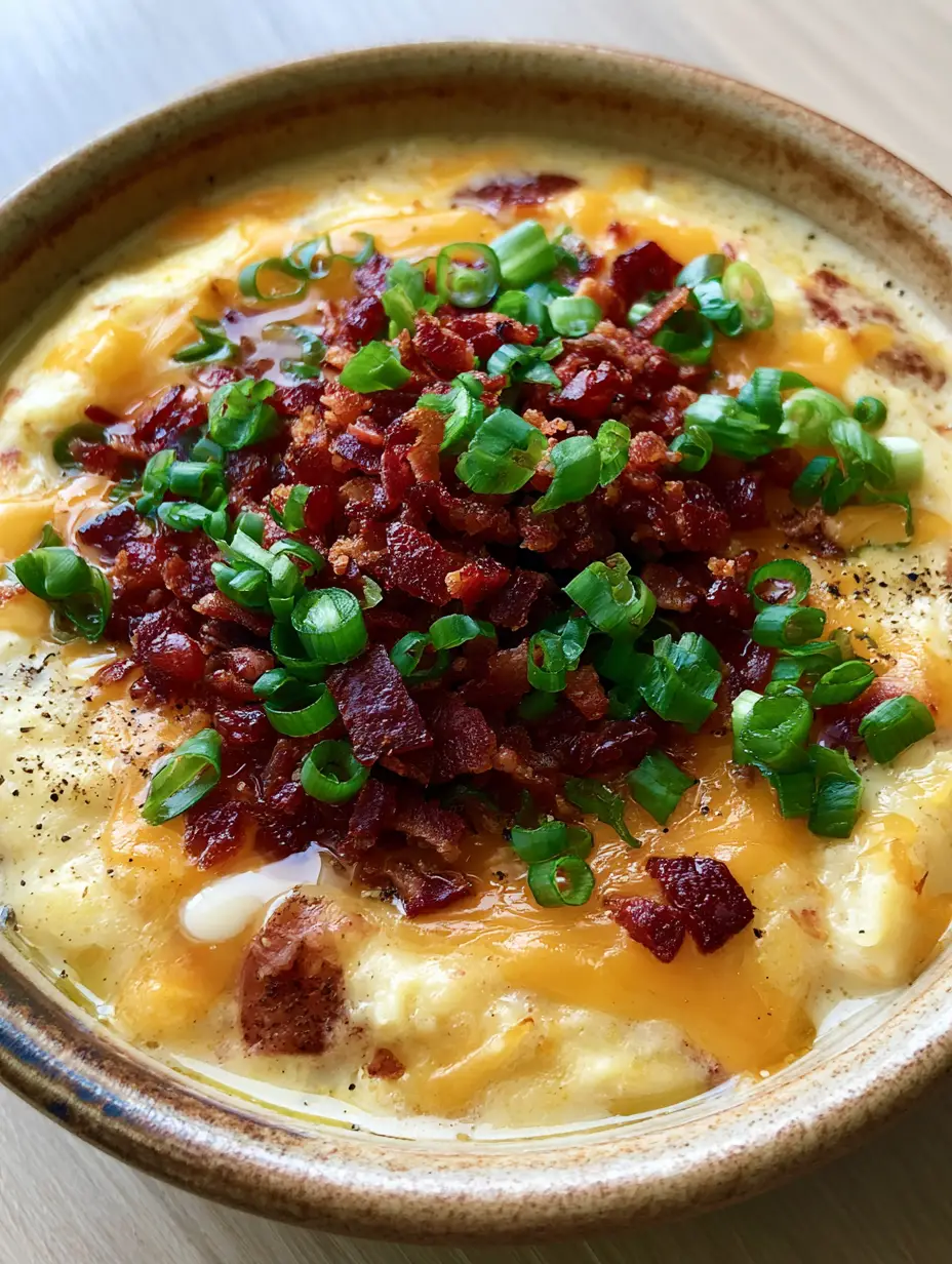 A handheld smartphone photo of Crockpot potato soup with skin-on golden potato chunks and melted cheese.
