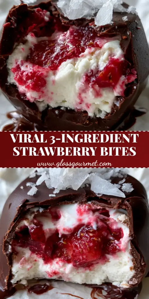 A stack of frozen strawberry chocolate clusters on white parchment paper, showing the matte dark chocolate shell and flaky salt. (frozen strawberry chocolate)