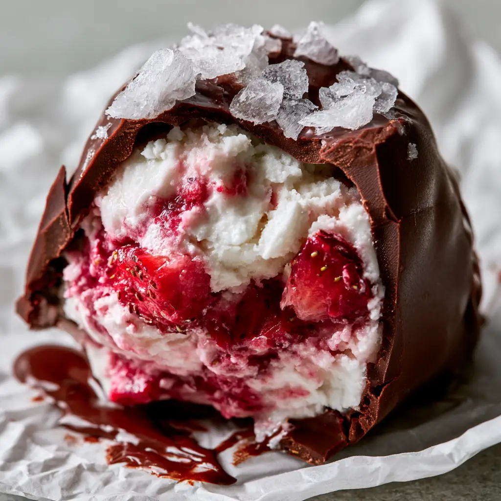 Extreme close-up of a broken frozen strawberry chocolate cluster revealing a snowy white yogurt core and ruby strawberries. (frozen strawberry chocolate)